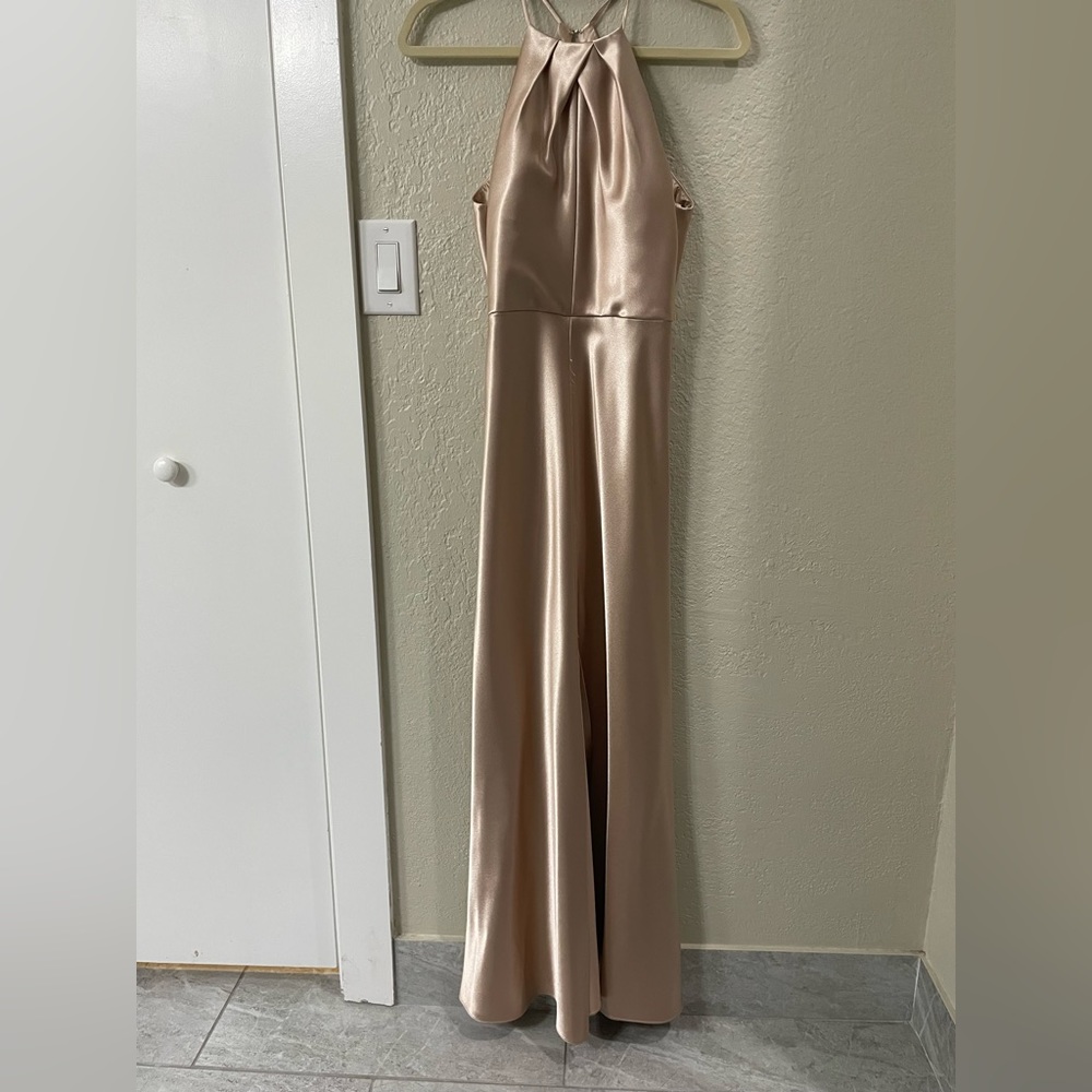 JENNY YOO HIGH NECK PETAL SATIN MAXI DRESS